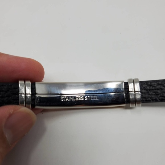 Stainless Steel Leather Cuff Silver and Gold Tone Metal Bracelet - Picture 3 of 7